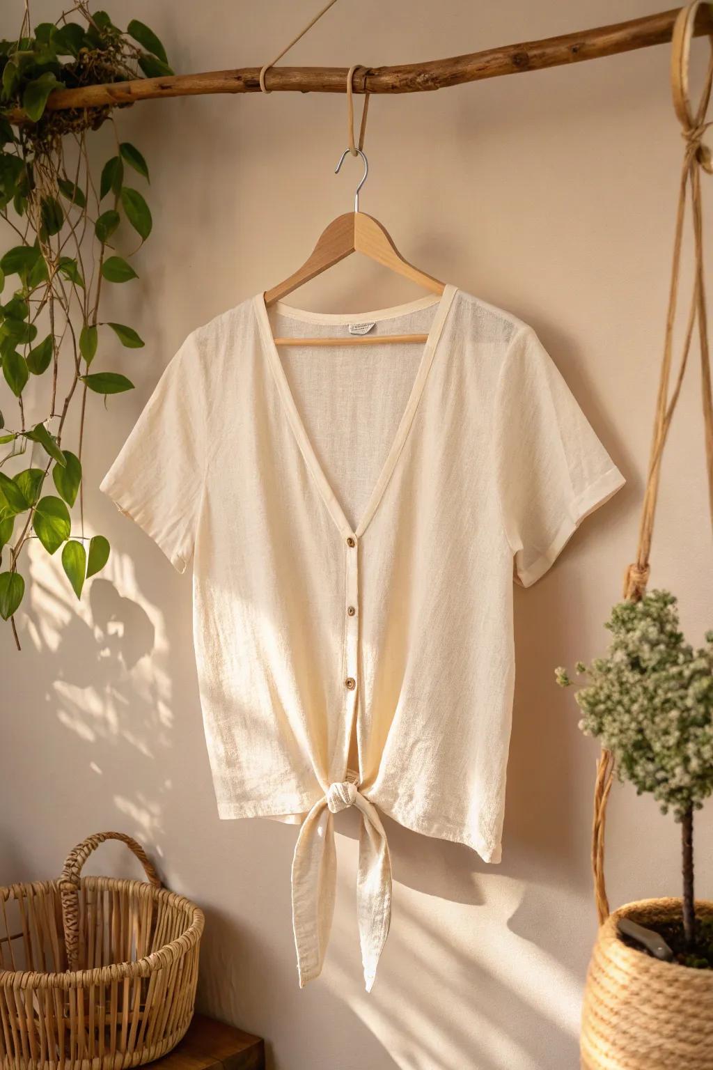 Elevate your style with a simple tie-up T-shirt! Perfect for those laid-back beach days. 🌿👚✨ #DIYFashion #MinimalistBoho