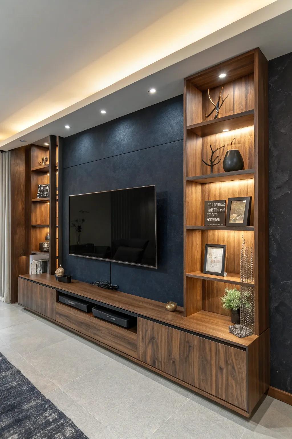 Elevate your ambiance with a harmonious fusion of a refined TV mount and paneling combination, epitomizing the convergence of craftsmanship and modern design.