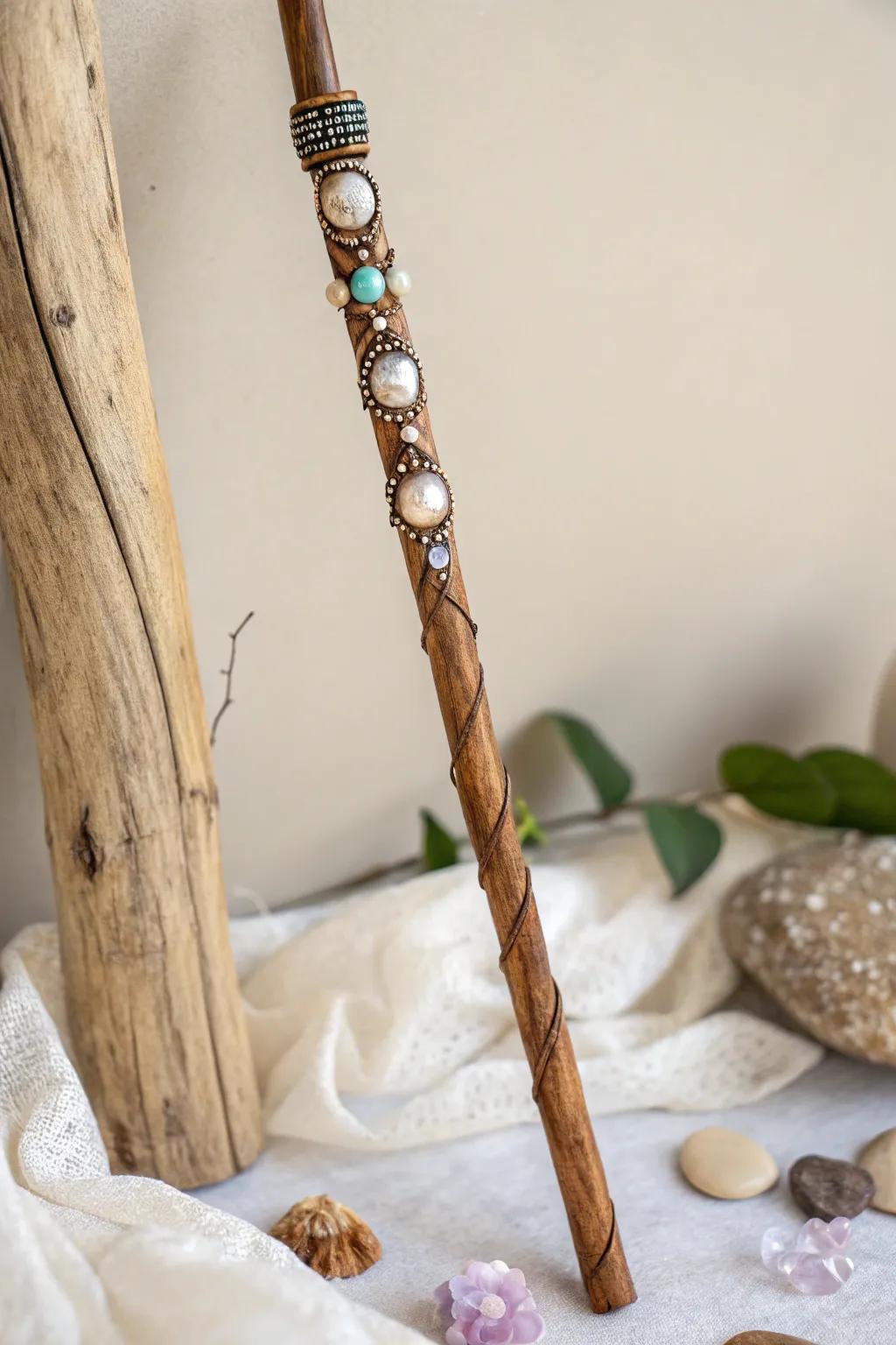 Elevate your DIY wand with enduring beaded adornments, thereby achieving a soupçon of refinement and enigma.