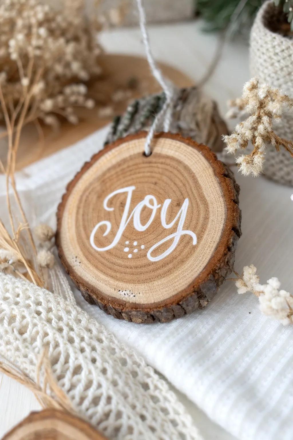 Add a personal touch to your holiday decor with handmade wooden ornaments showcasing elegant calligraphy. #DIYDecor #ScandinavianStyle #BohoChic