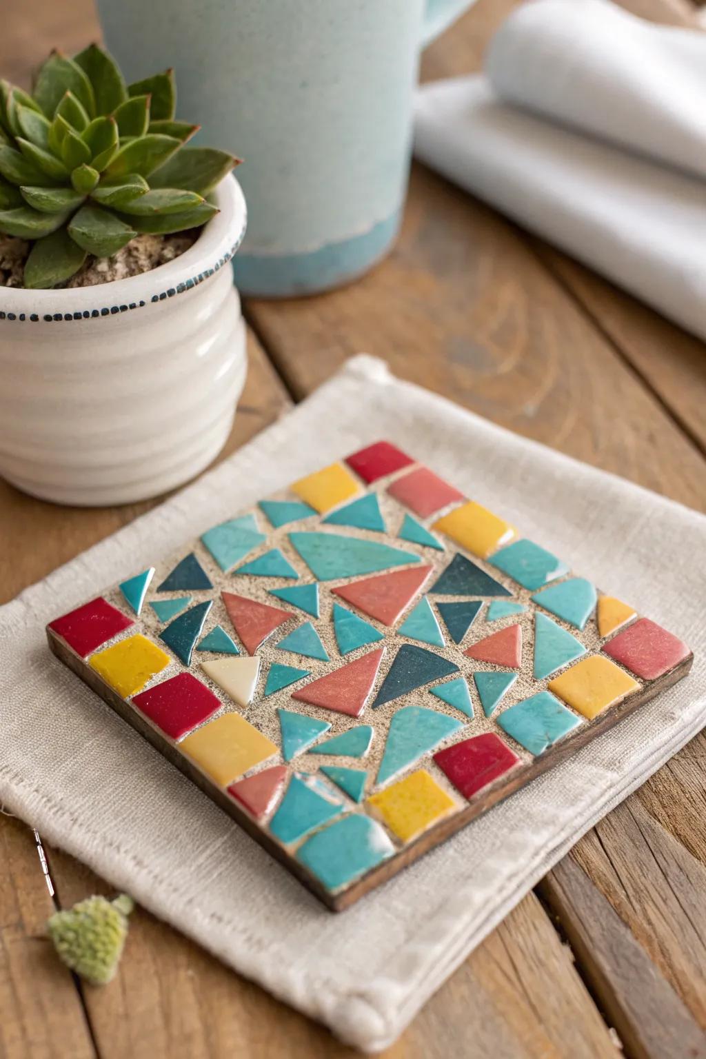 Bring some color and artisanship to your table using bright small stone tile coasters.