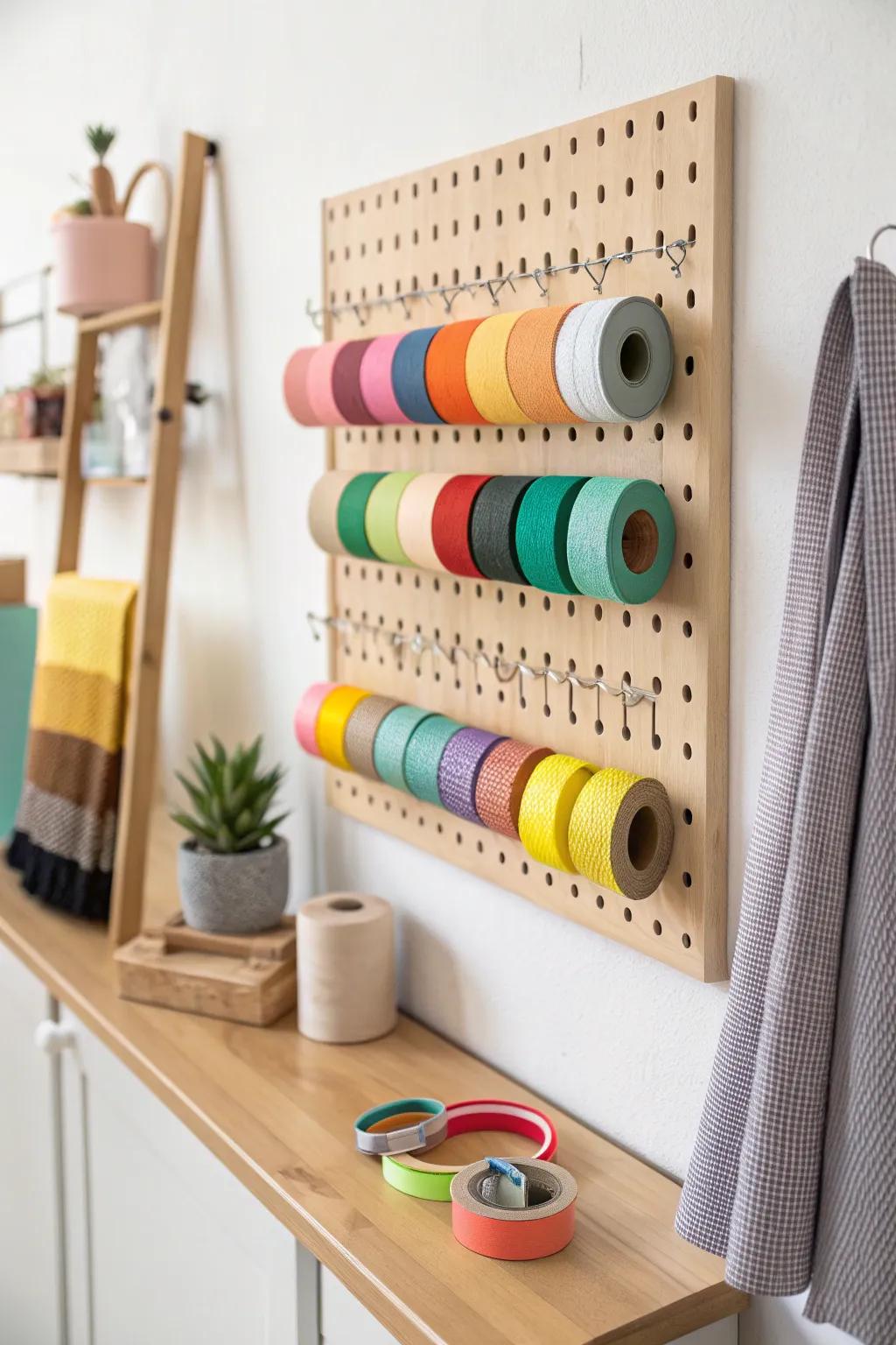 With a chic pegboard display, transform your craft area into a place where vivid adhesive material meets Scandinavian design.