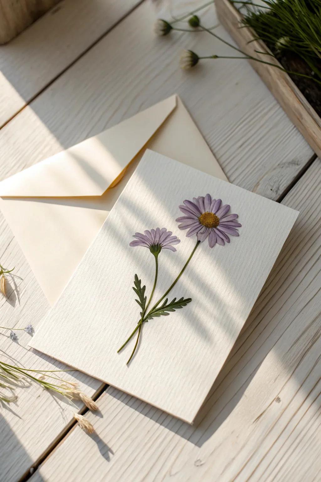 Record the allure of nature with this pressed blossom Easter card, an optimal blend of uncluttered design and charm.