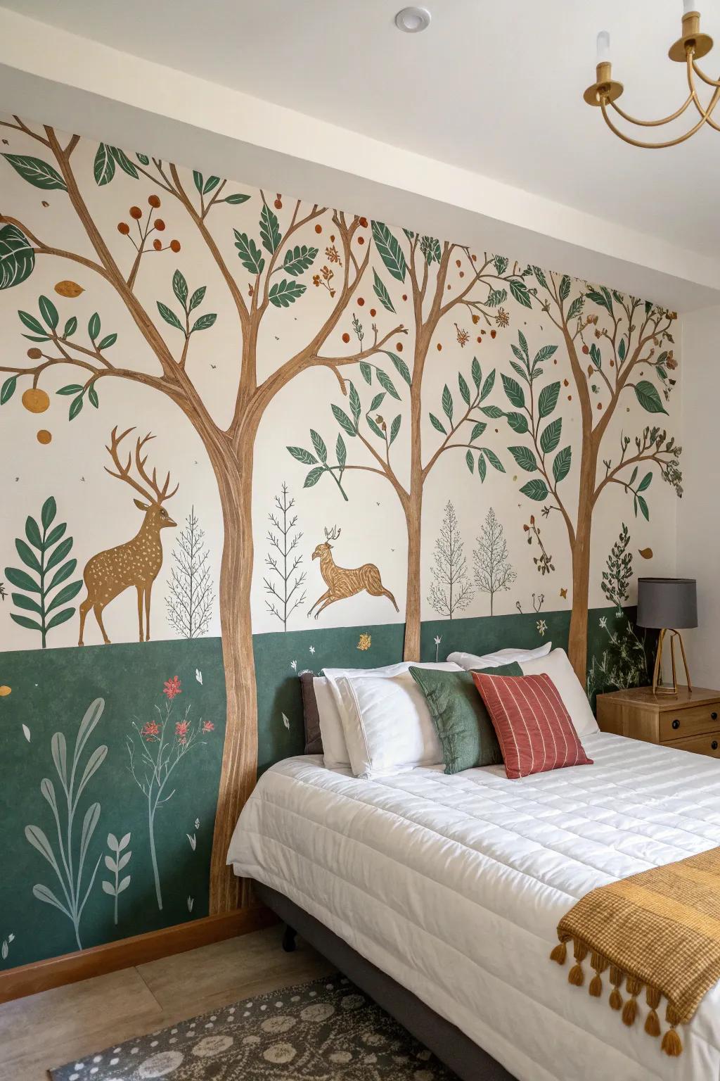 Remodel your sleeping quarters into an enchanting woodland sanctuary showcasing captivating mural artistry.