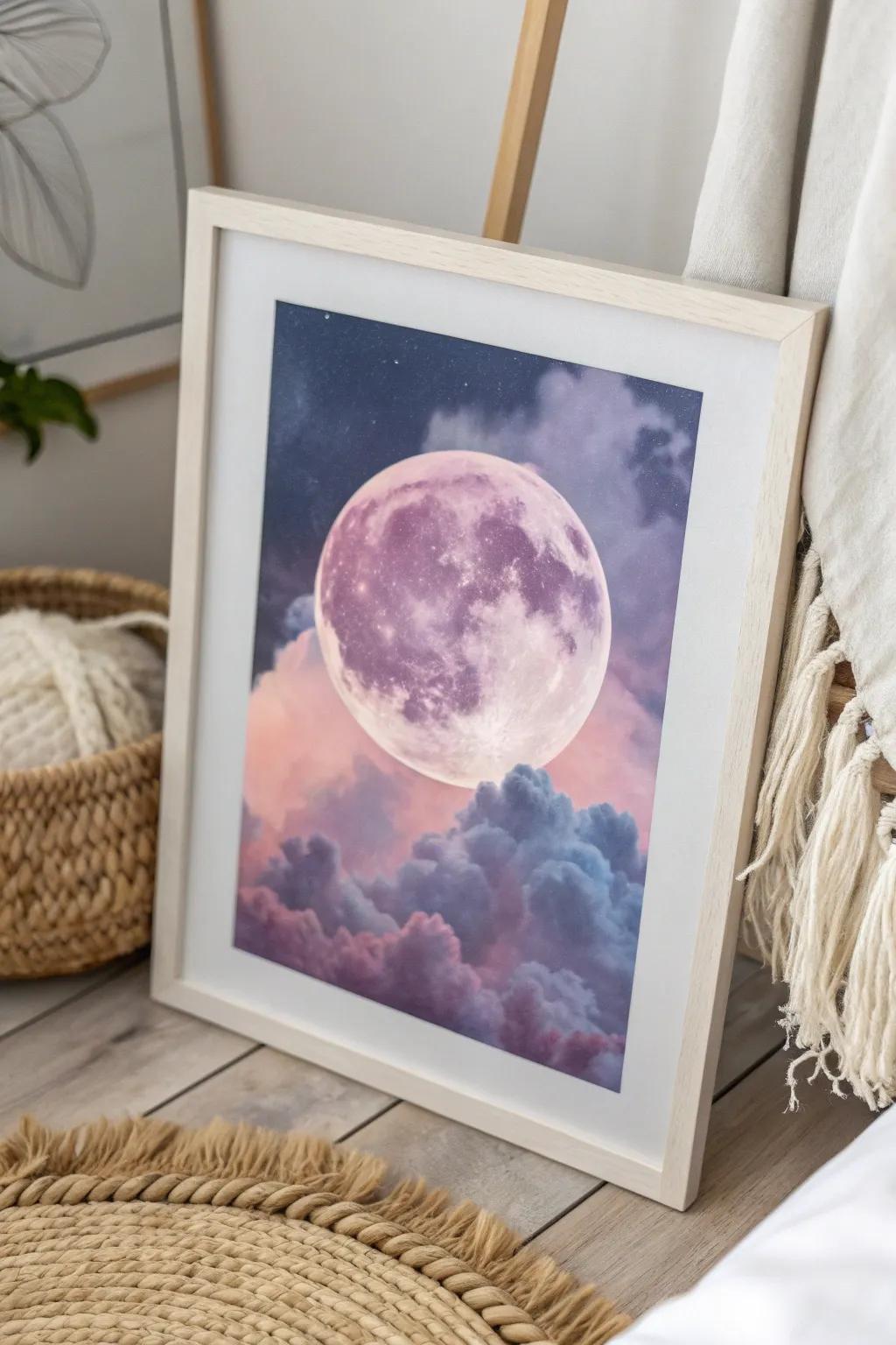 Embrace tranquility through this alluring pastel lunar scene, ideal for adding a sprinkle of magic to your minimalist area.
