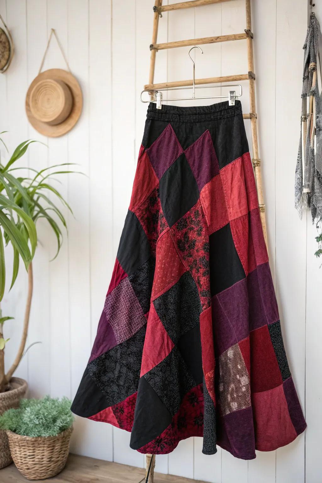 Elevate your antagonist aesthetic through an audacious, handcrafted patchwork skirt in attention-commanding shades of obsidian, crimson, and amethyst.