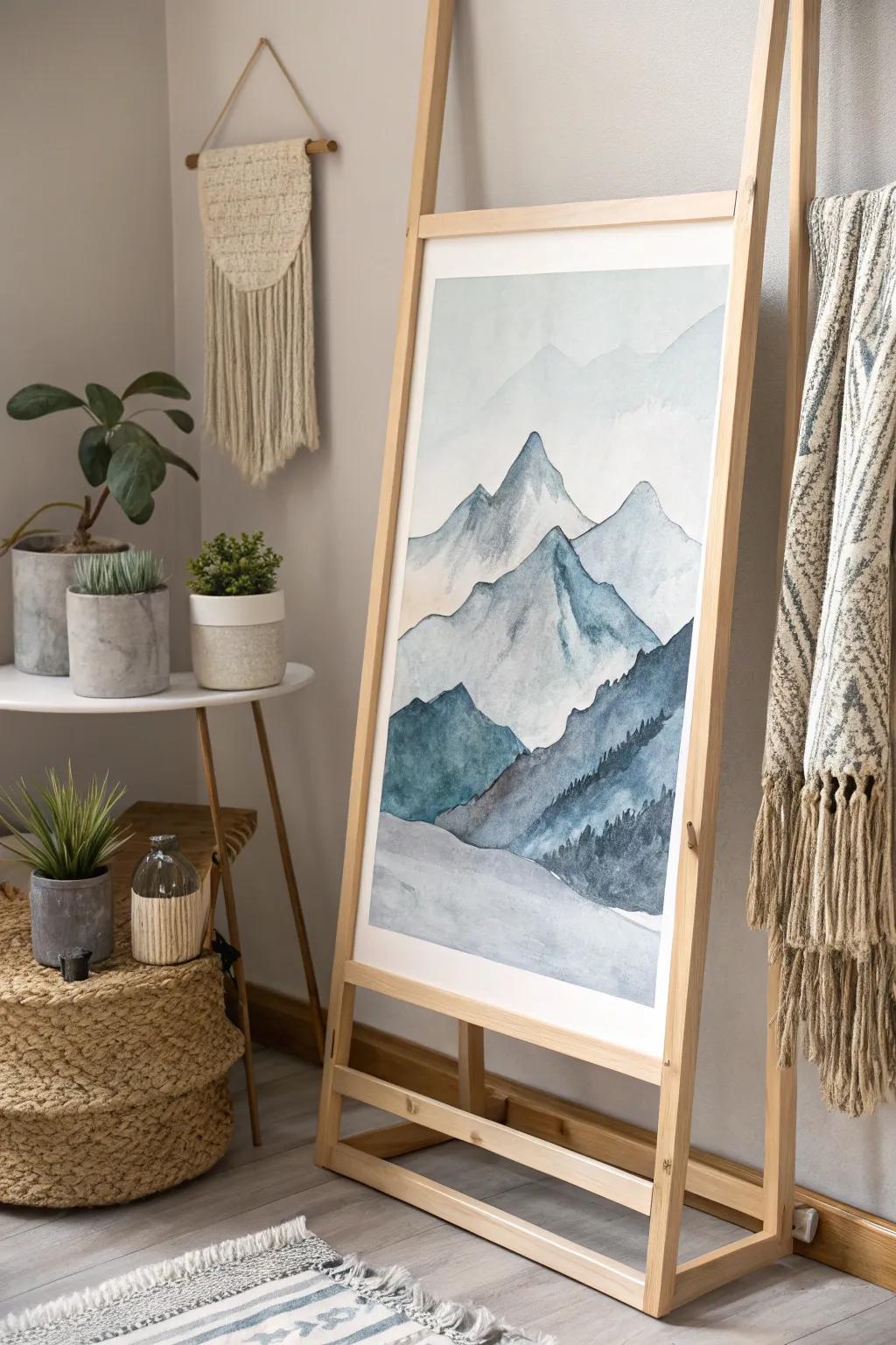 Immerse yourself in calmness through abstracted aquarelle peaks, wherein tiers of azure and grey fashion a tranquil masterpiece.