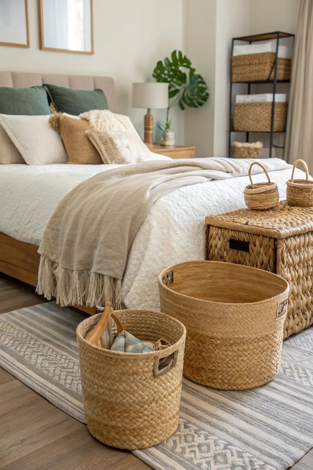Wickerwork and containers lend a countryside vibe to bedroom storage.