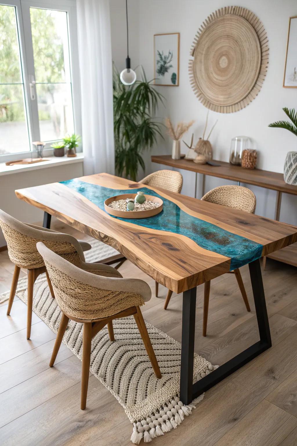 With an exquisite epoxy stream table that blends craftsmanship and natural beauty, you may immerse yourself in elegance.