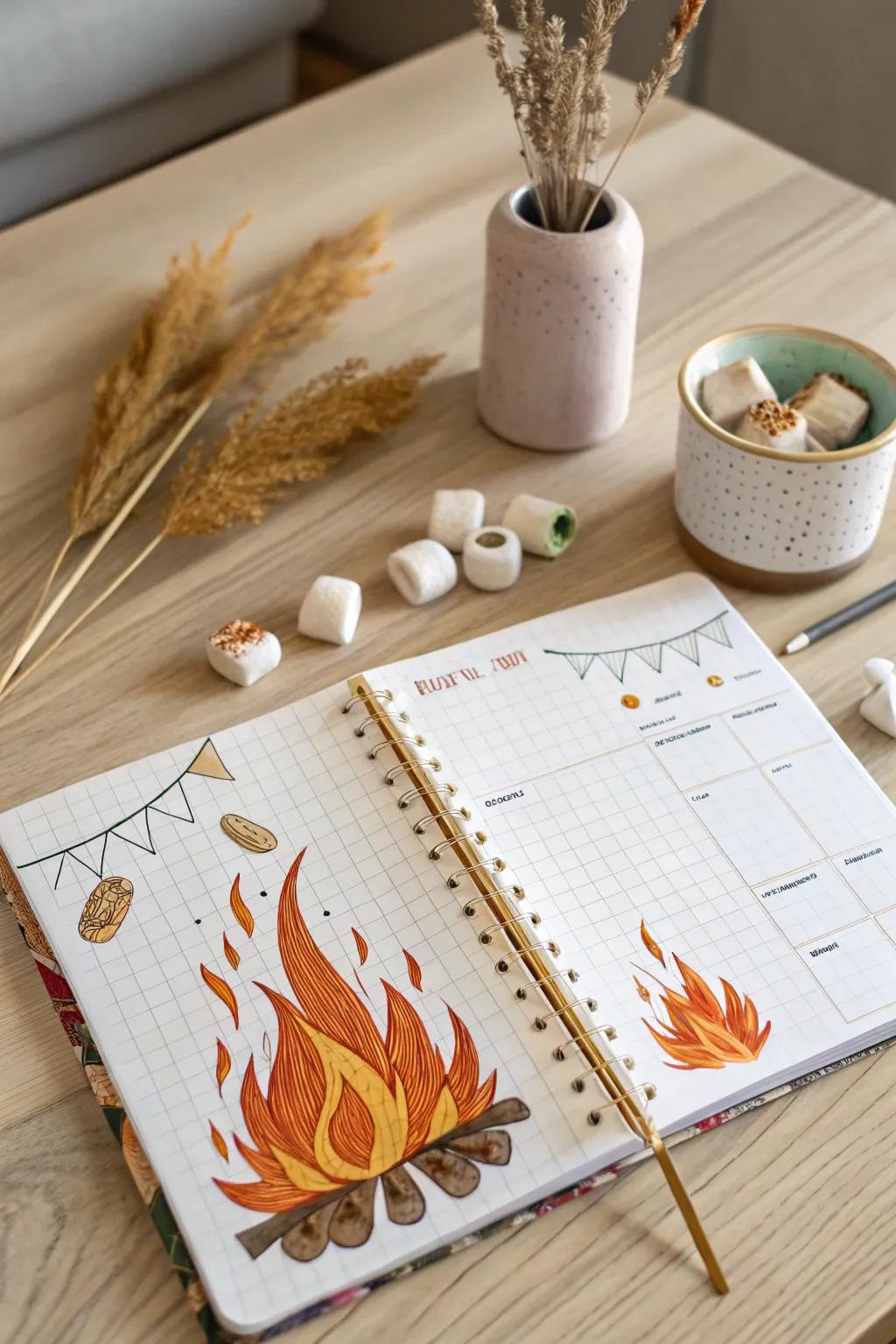 Kindle your week with a snug hearth theme in your planner. Permit the warmth and ingenuity to galvanize you!