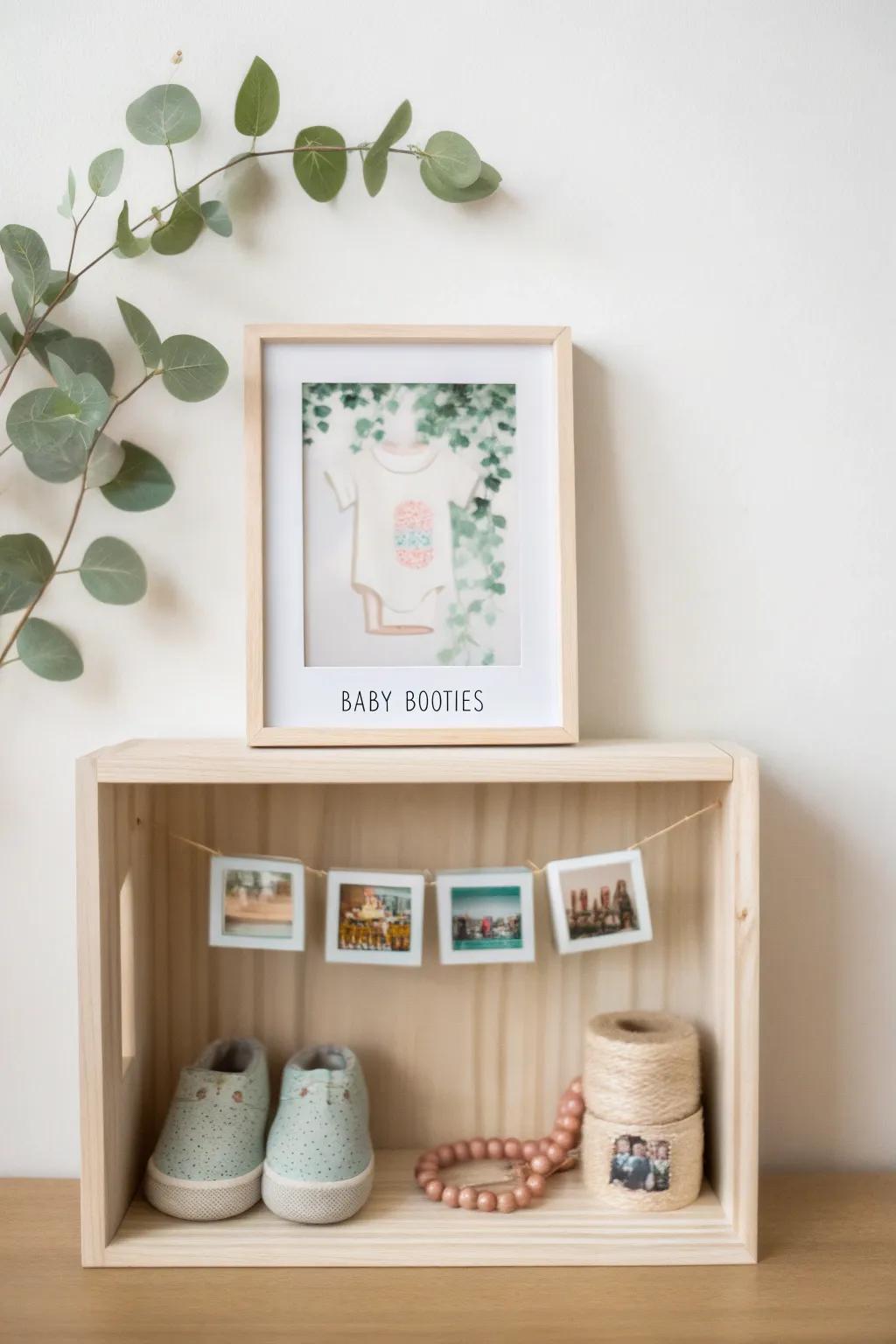 Cherish the brief moments—Infant's inaugural year immortalized within an exquisitely fashioned shadow box.