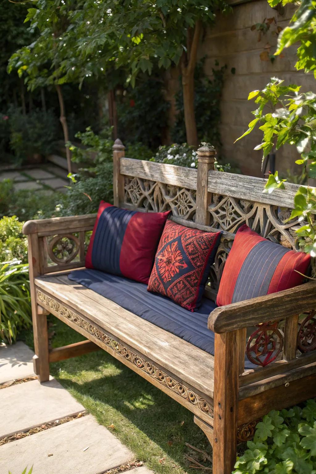 Turn your garden into an outdoor retreat with a handcrafted farmhouse bench, designed for enjoying bright days.