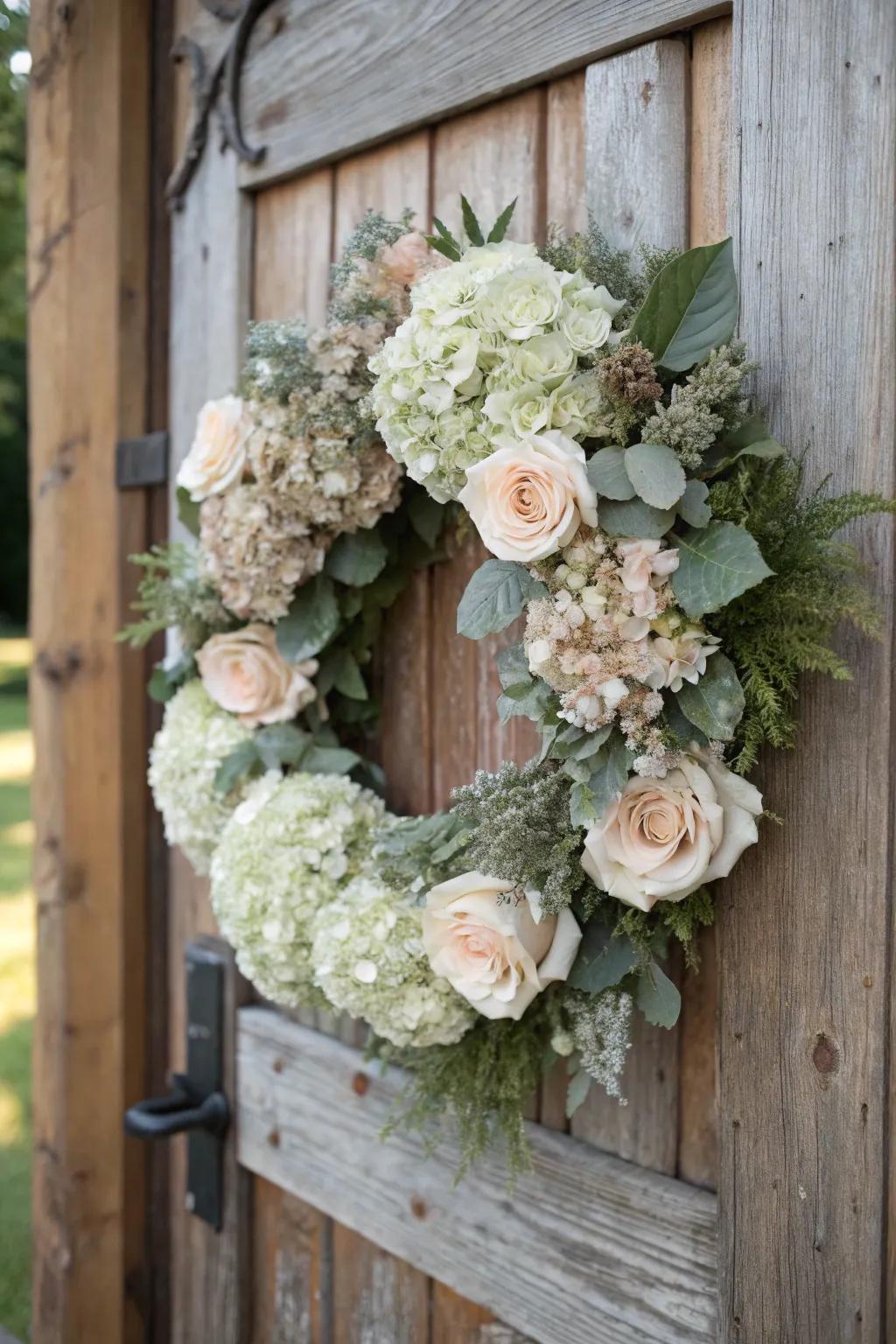 Soft flowers contribute a hint of refinement to a farmhouse wreath.