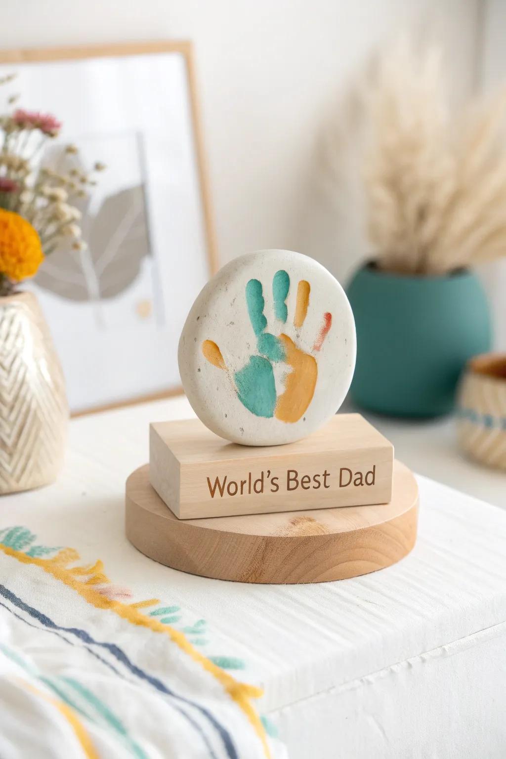 Honor Dad with a lovingly handcrafted keepsake of affection and artistry. <strong><em>#FathersDayCraft</em></strong>” loading=”lazy” class=”pimg”>
	</picture><figcaption>Honor Dad with a lovingly handcrafted keepsake of affection and artistry. <strong><em>#FathersDayCraft</em></strong></figcaption></figure>
<p>Construct a miniature trophy employing your baby’s handprint and include a base inscribed with, “<strong><em>World’s Best Dad</em></strong>.” It’s a playful spin on the quintessential Father’s Day trophy!</p>
<h3>A few suggestions:</h3>
<ul class=