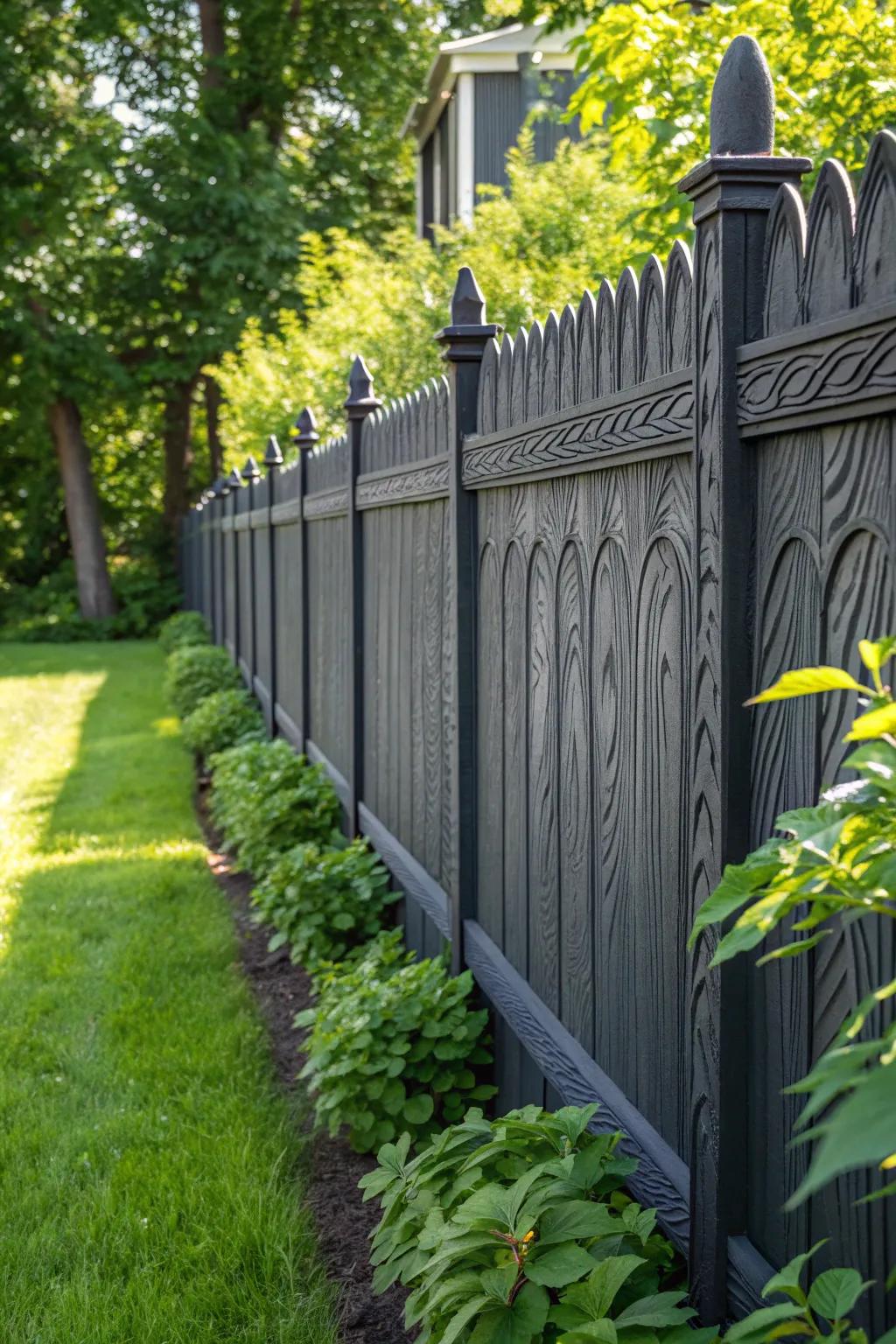 Experience the charm of contrast: a slate fence embracing nature's greenery.