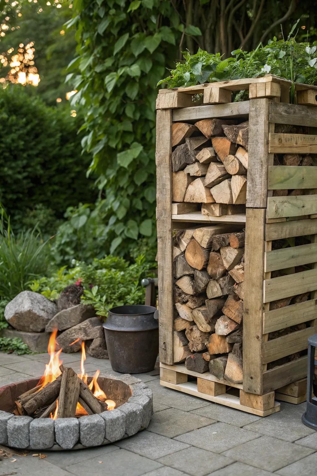 Craft your own rustic charm: A DIY pallet wood rack for neat firewood storage.