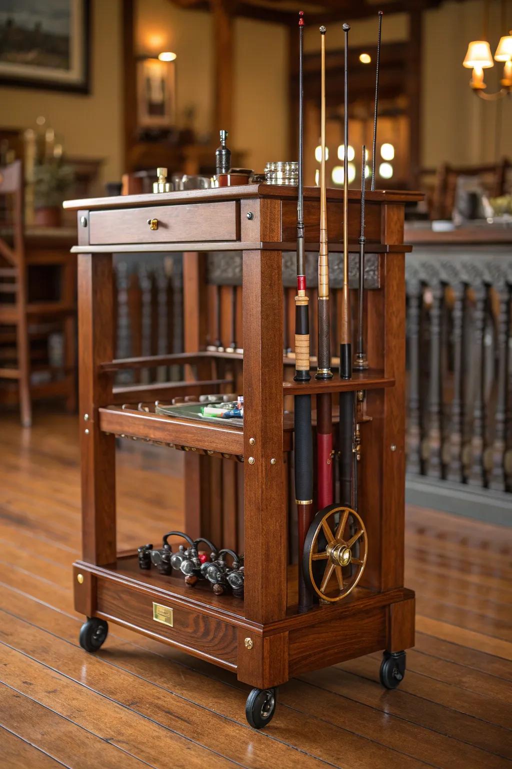 Enhance your fishing gear organization with a handcrafted rolling pole trolley, ideal for the discerning angler.