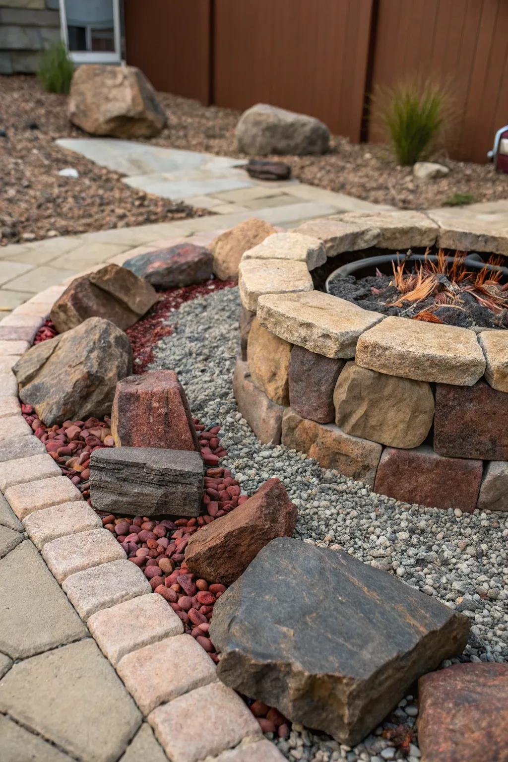 Relish the pastoral allure and artistry inherent in a pebble patio hearth that seizes the senses.