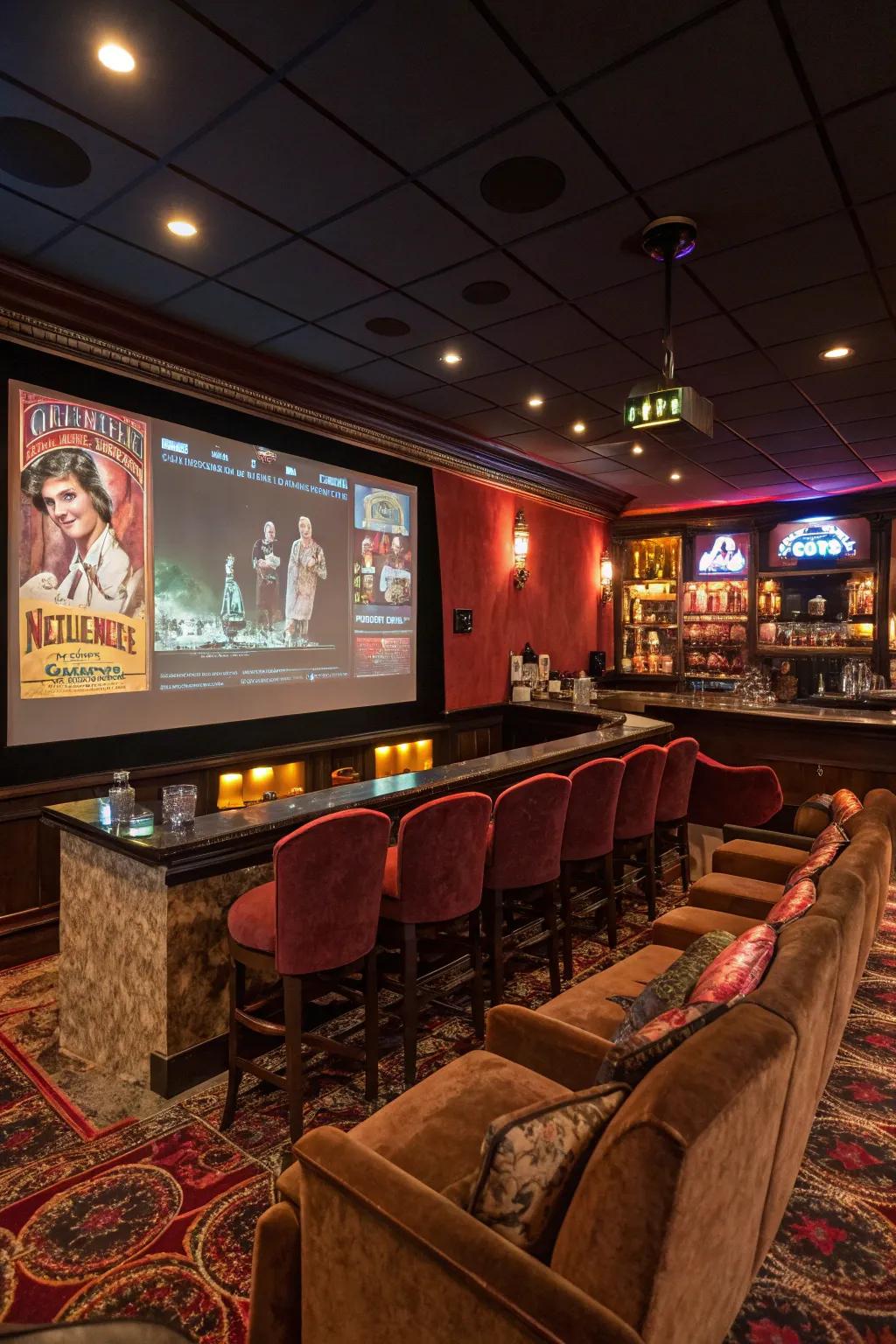 A cinema lounge with a bar transforms your game room into an entertainment destination.
