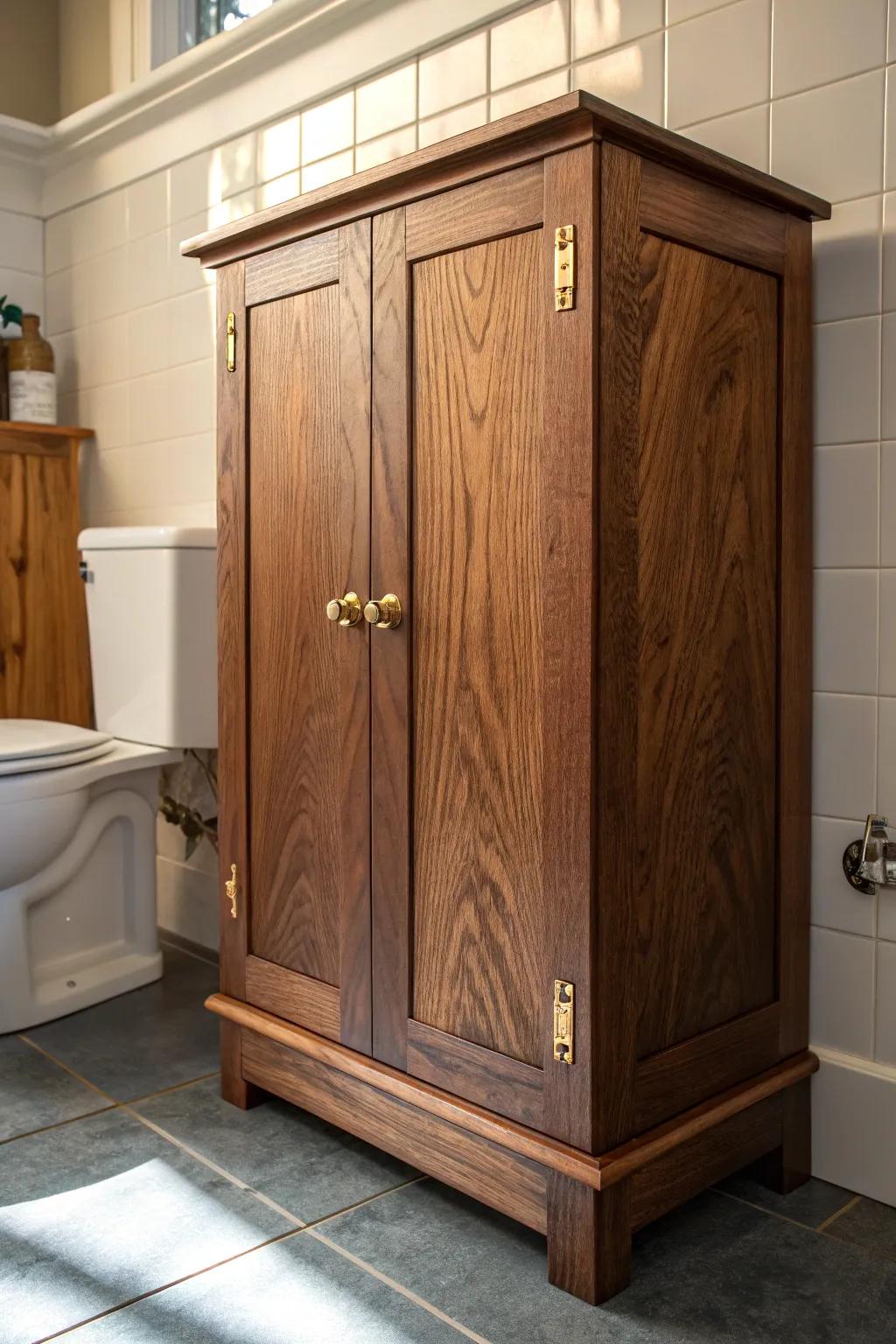 Elevate your lavatory with bespoke craftsmanship: a bespoke shelving unit that fits smoothly in style.