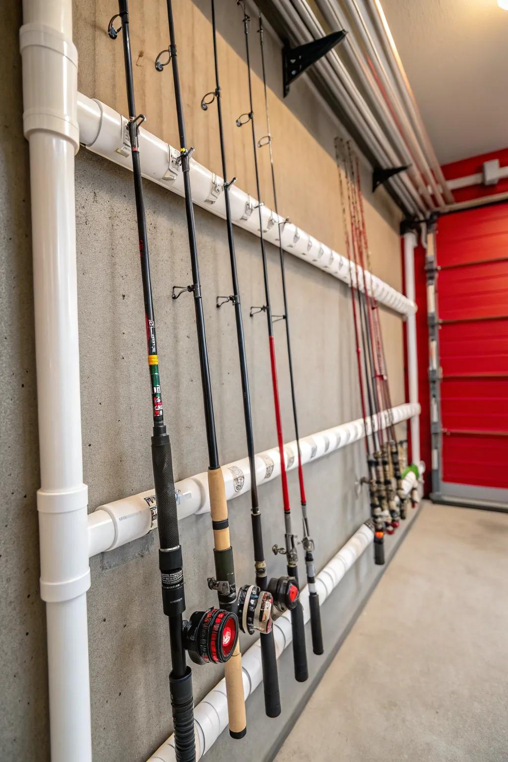 Effortless organization: Polyvinyl chloride conduit storage solutions for your fishing rods.