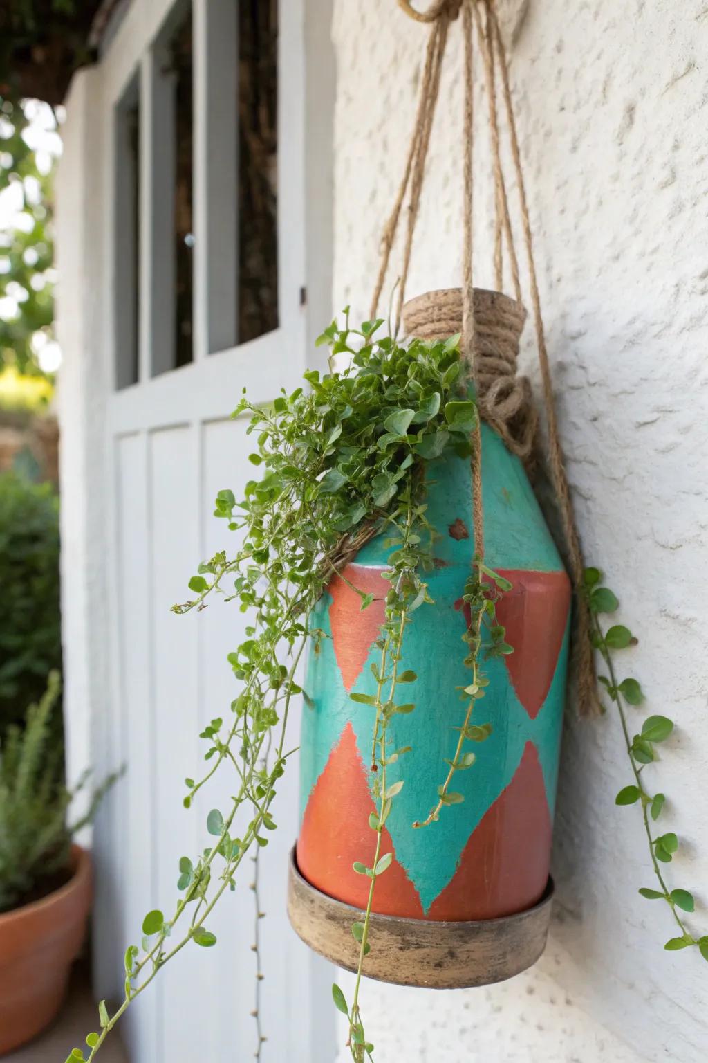 Transform a basic beverage container into an elegant hanging basket for your garden oasis!