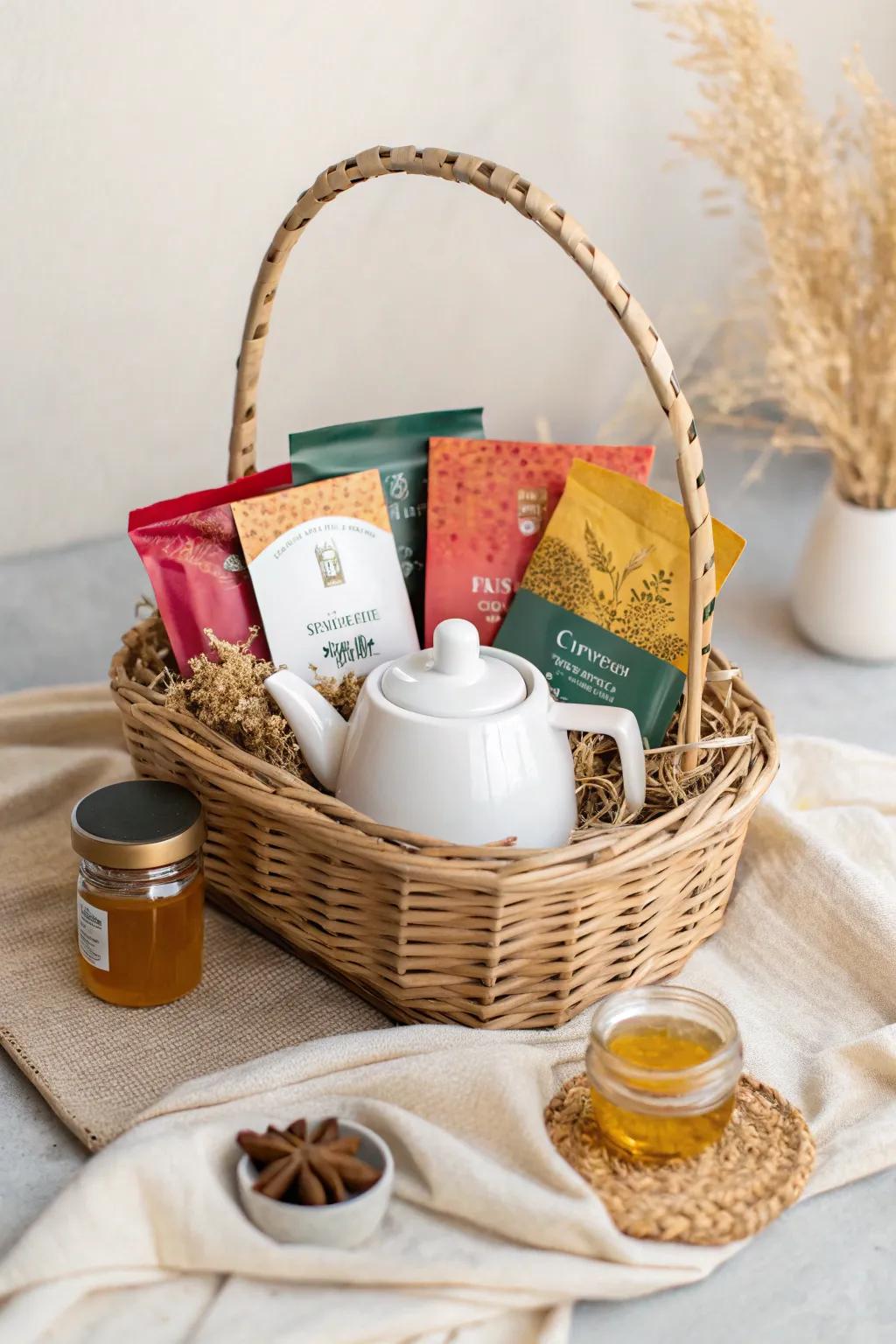Partake in a relaxing, festive tea gathering with this beautifully crafted gift basket, perfect for the tea lover you know.