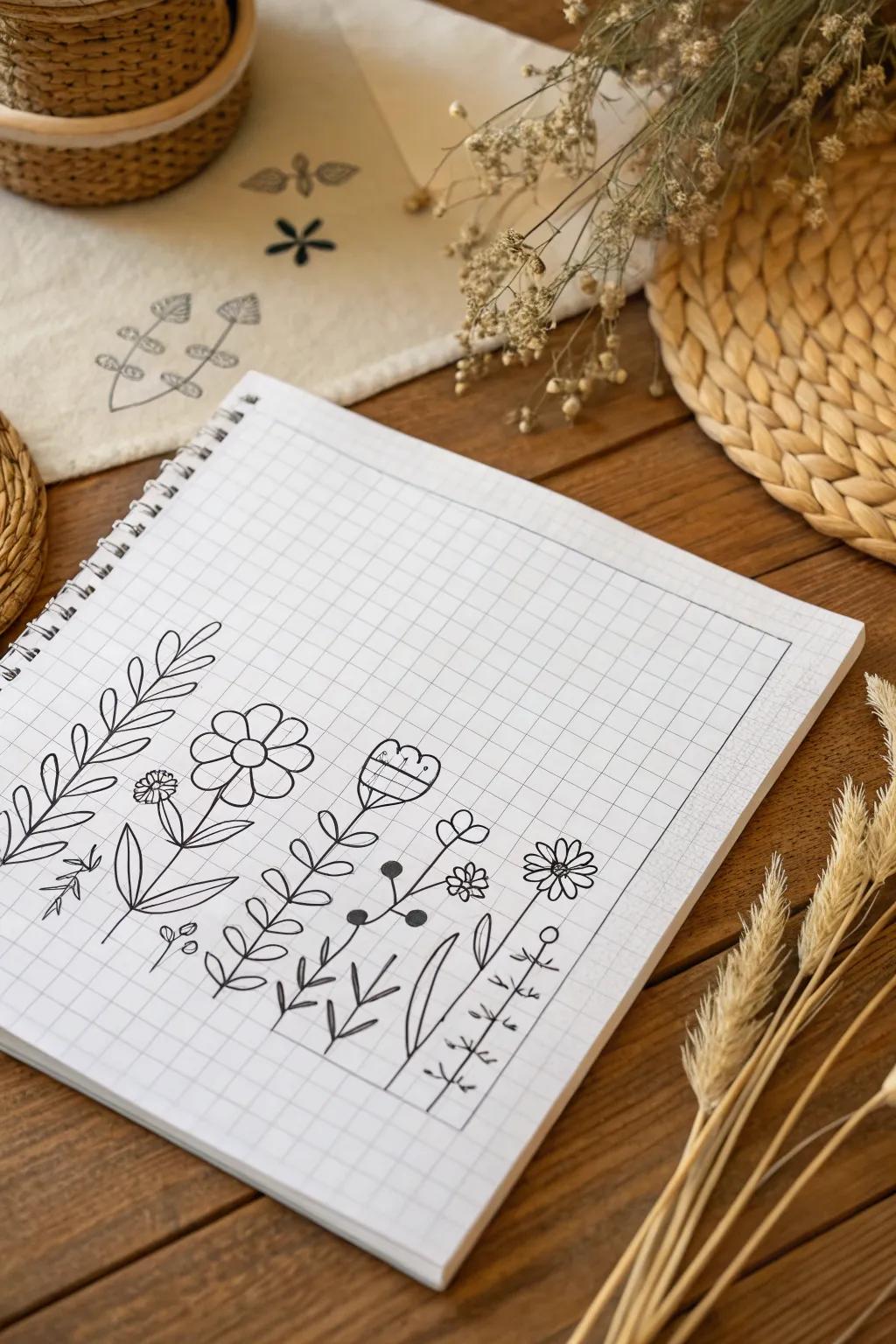 Seamlessly merging the outdoors with the indoors: Illustrations on squared paper inspired by nature, where simplicity converges with arresting refinement.