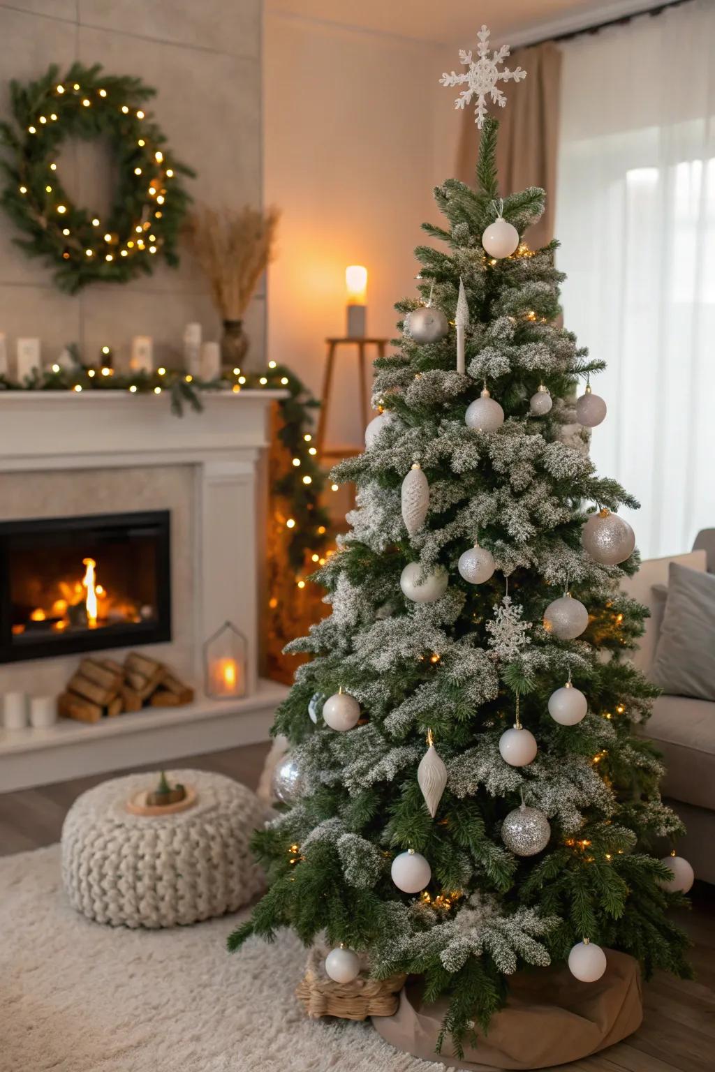 A winter wonderland-inspired Christmas tree, bestowing a serene enchantment upon the holidays.