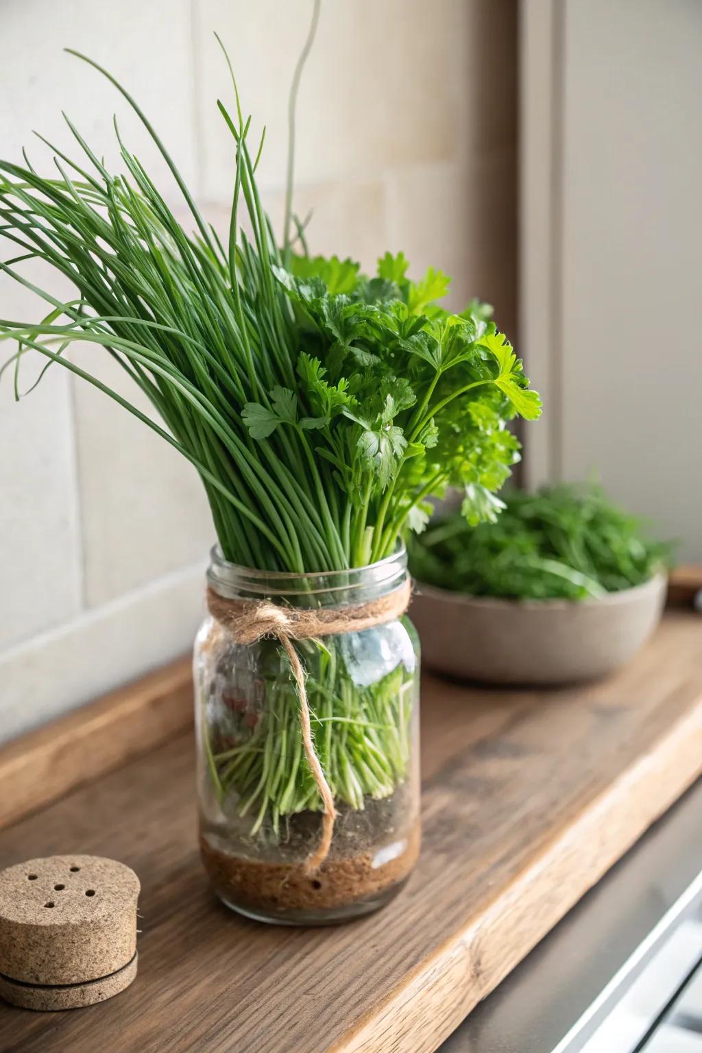 Elevate your kitchen with Preserving Jar Enchantment: A sophisticated and practical means of cultivating herbs indoors.