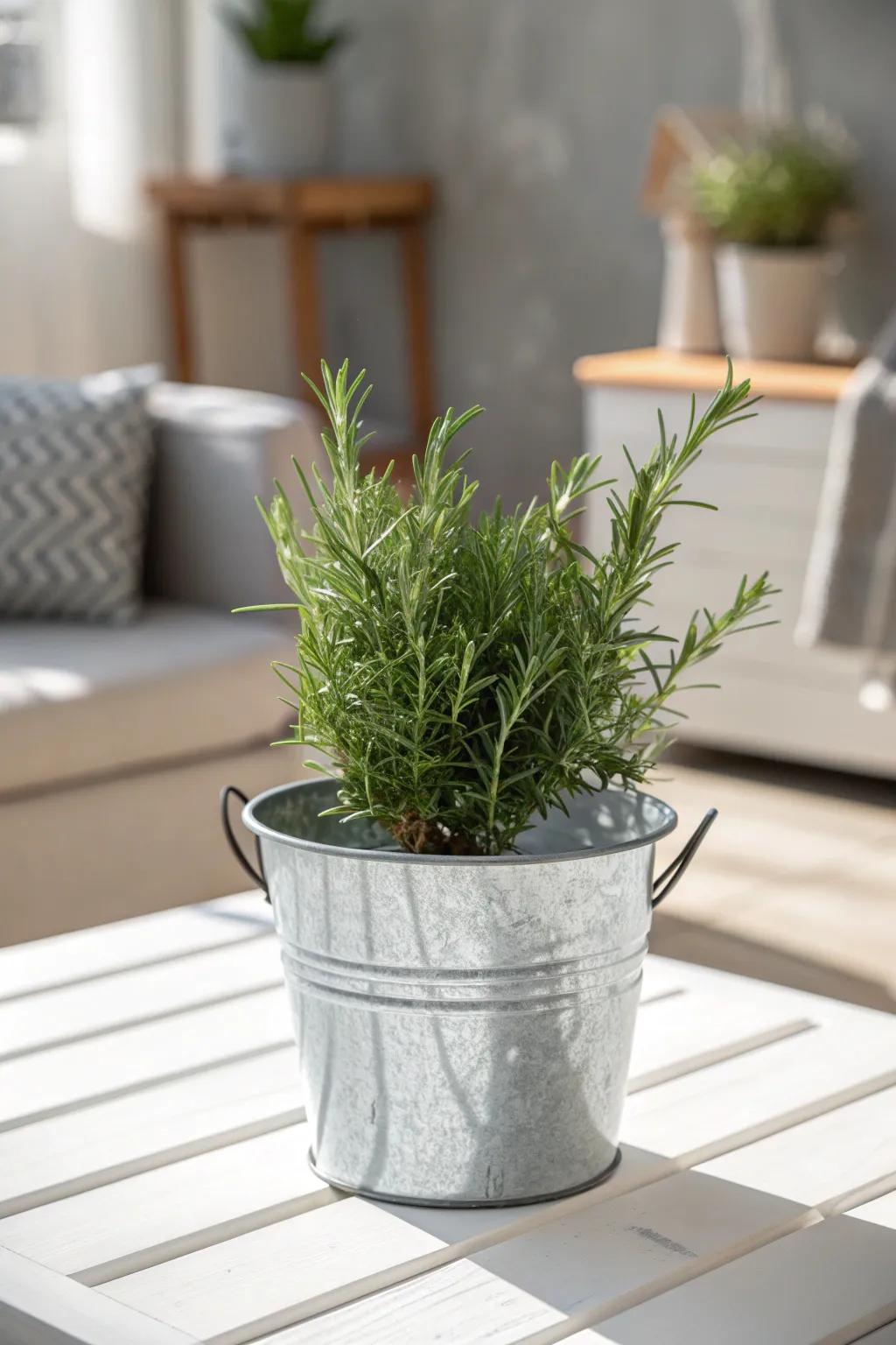 Elevate your herb plot with Scandinavian minimalism: Rosemary thrives beautifully within elegant metal receptacles.