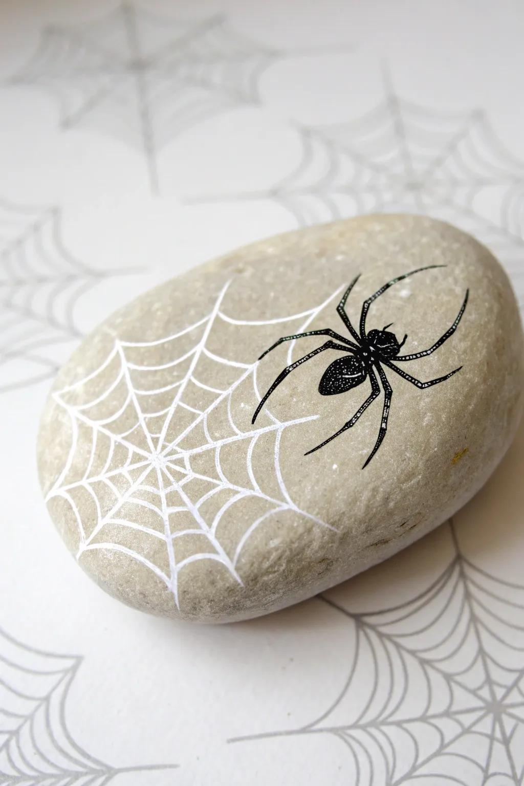 Creepily elegant: Minimalist arachnid stone artistry for a sophisticated All Hallow's Eve ambiance.