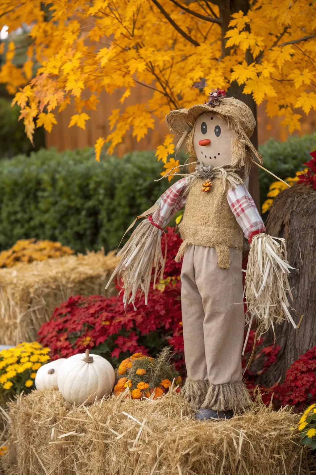 Savor autumn's rustic finesse with a remarkable Garden Guardian scarecrow, harmonizing natural splendor with vibrant hues.
