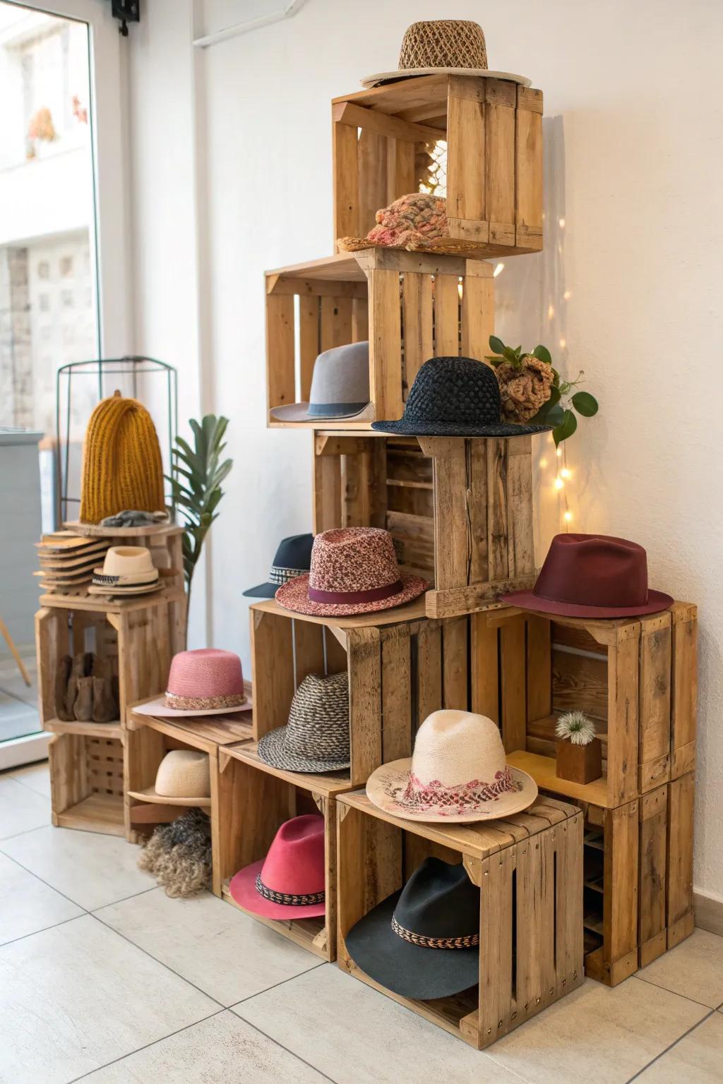 Transform antiquated wooden boxes into striking hat display supports that merge rustic charm with minimalist sophistication.
