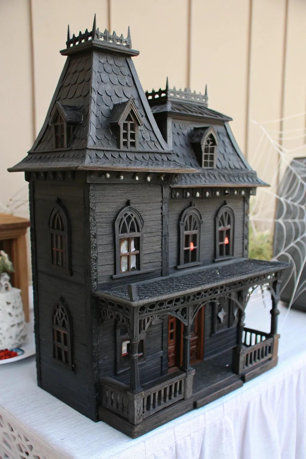 Transform a dollhouse into an intriguing pocket haunted manor centerpiece—where spooky meets sophisticated flair.