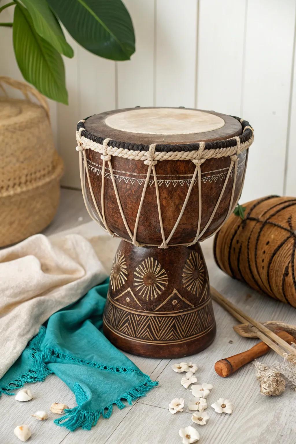 Embrace the cadence of the natural world via handcrafted exotic fruit covering percussions.