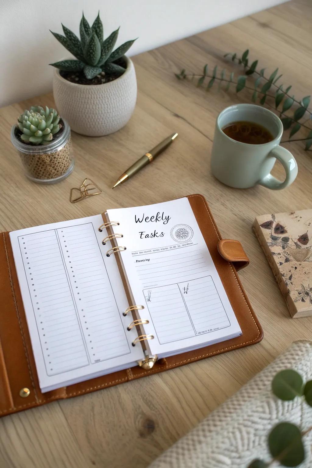 Bring elegance and simplicity to your weekly organization. Immerse yourself in your tasks using a planner that is both beautiful and practical.