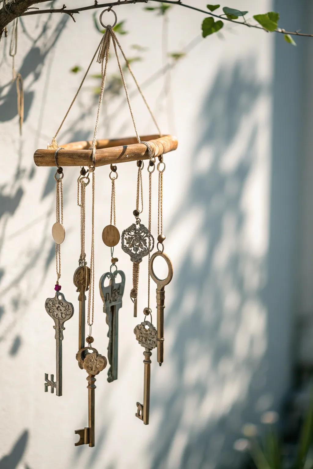 Unlock the melody of the wind with a repurposed clavis chime, where forgotten narratives are sung anew.