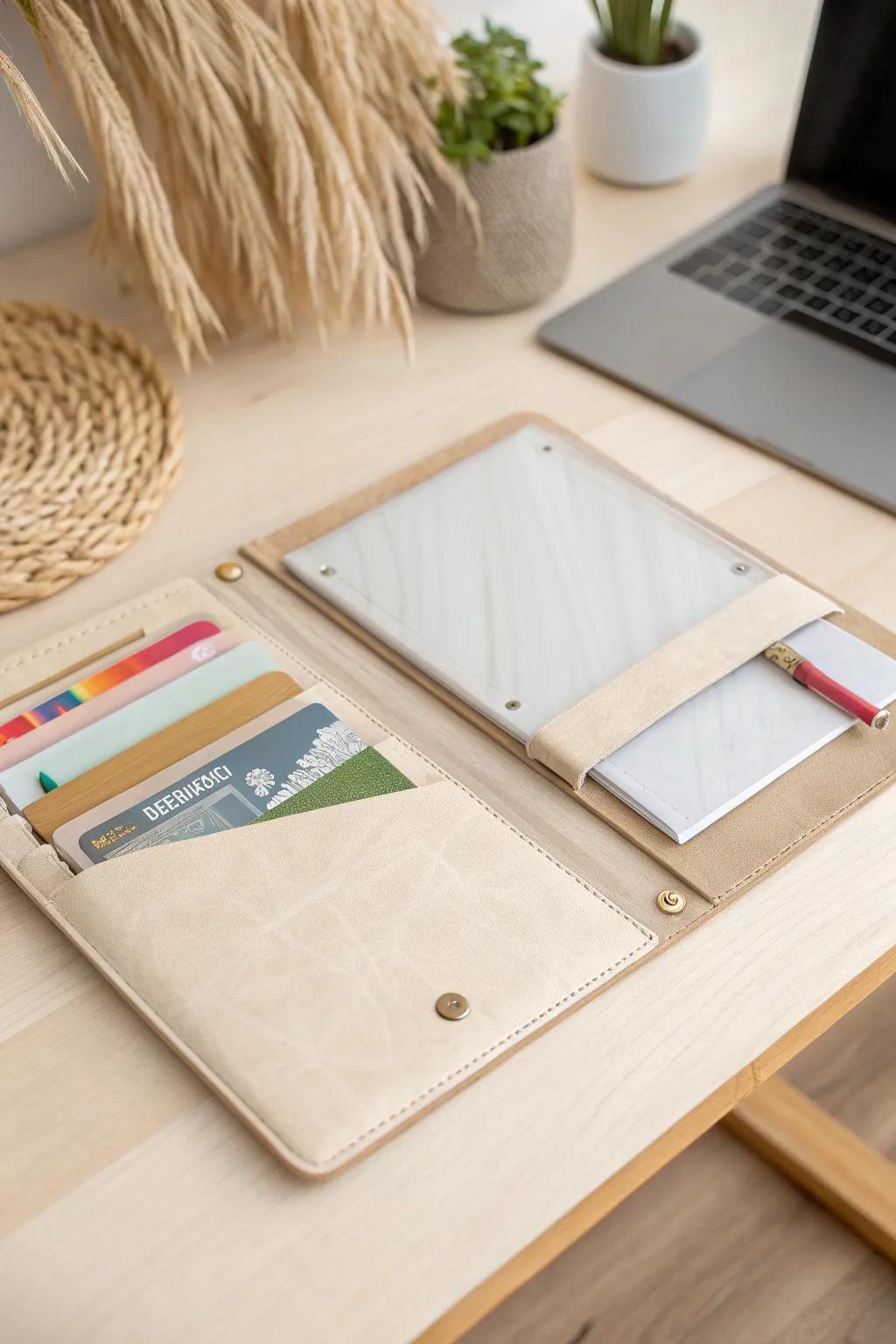 Improve your organization with a stylish Scandinavian folder that features a see-through pocket for quick entry to important documents.
