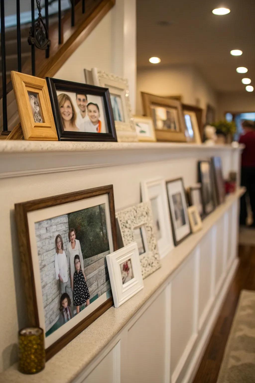 Transform your ledge into a personal gallery with cherished art and photos.