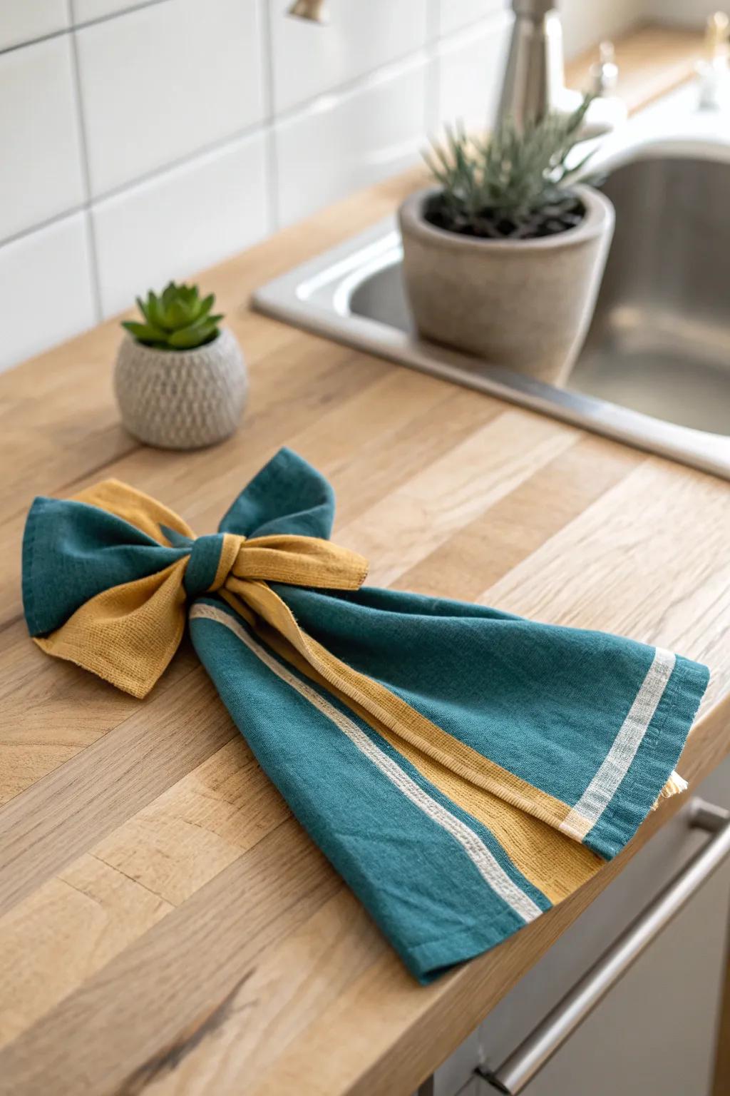 Elevate your kitchen's décor with this polished and understated ornamental ribbon knot for your linens.