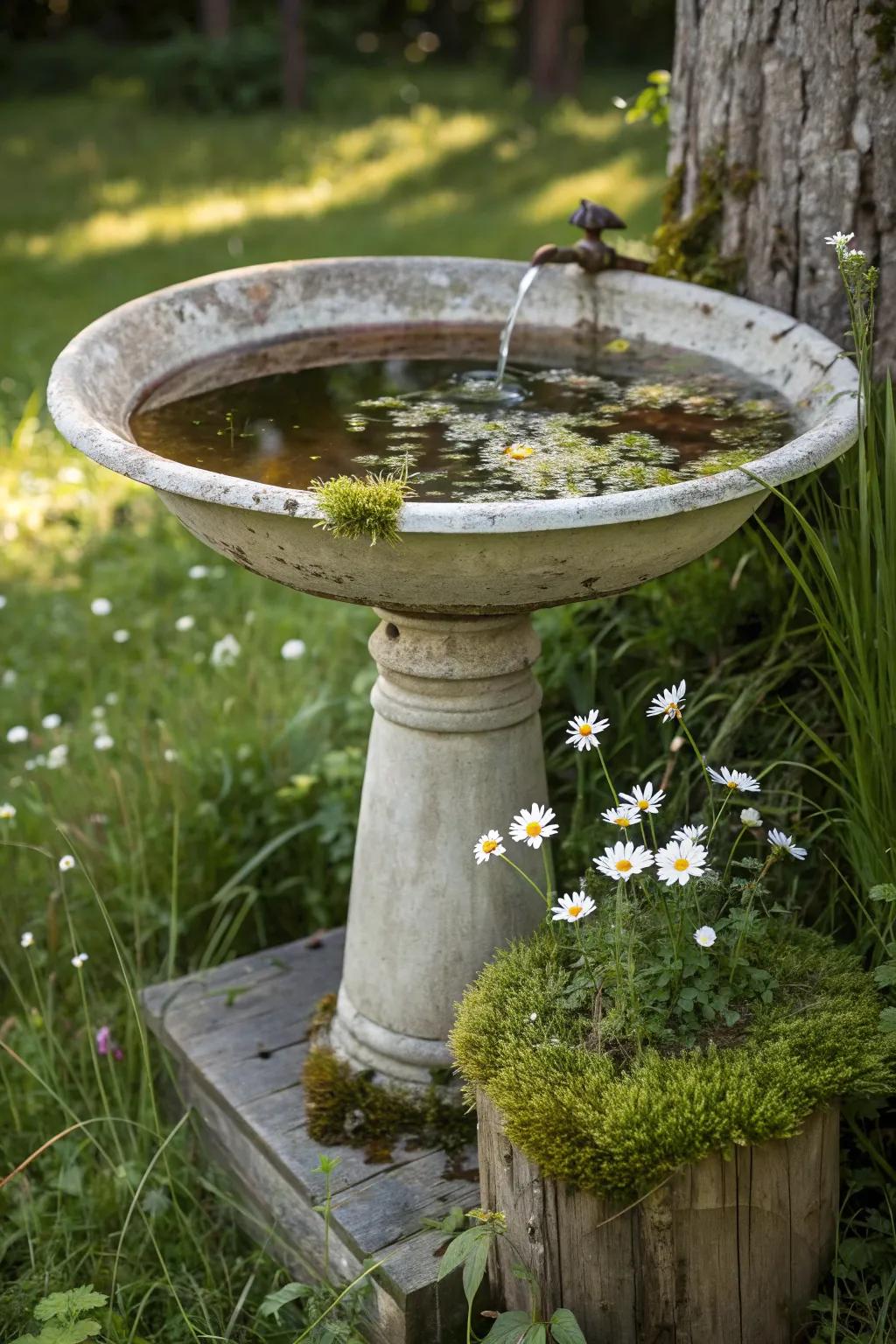 Convert vintage allure into a garden focal point through a countryside birdbath.