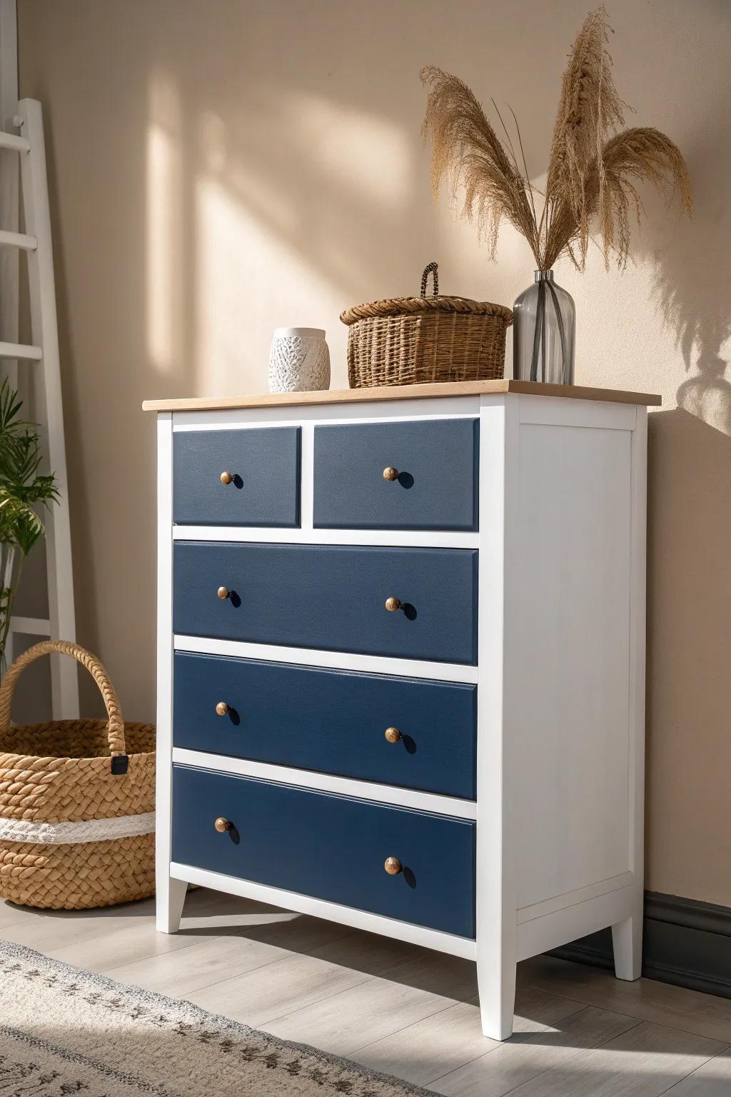 Transform your space with this stunning two-tone dresser, where minimalist design meets bold elegance.