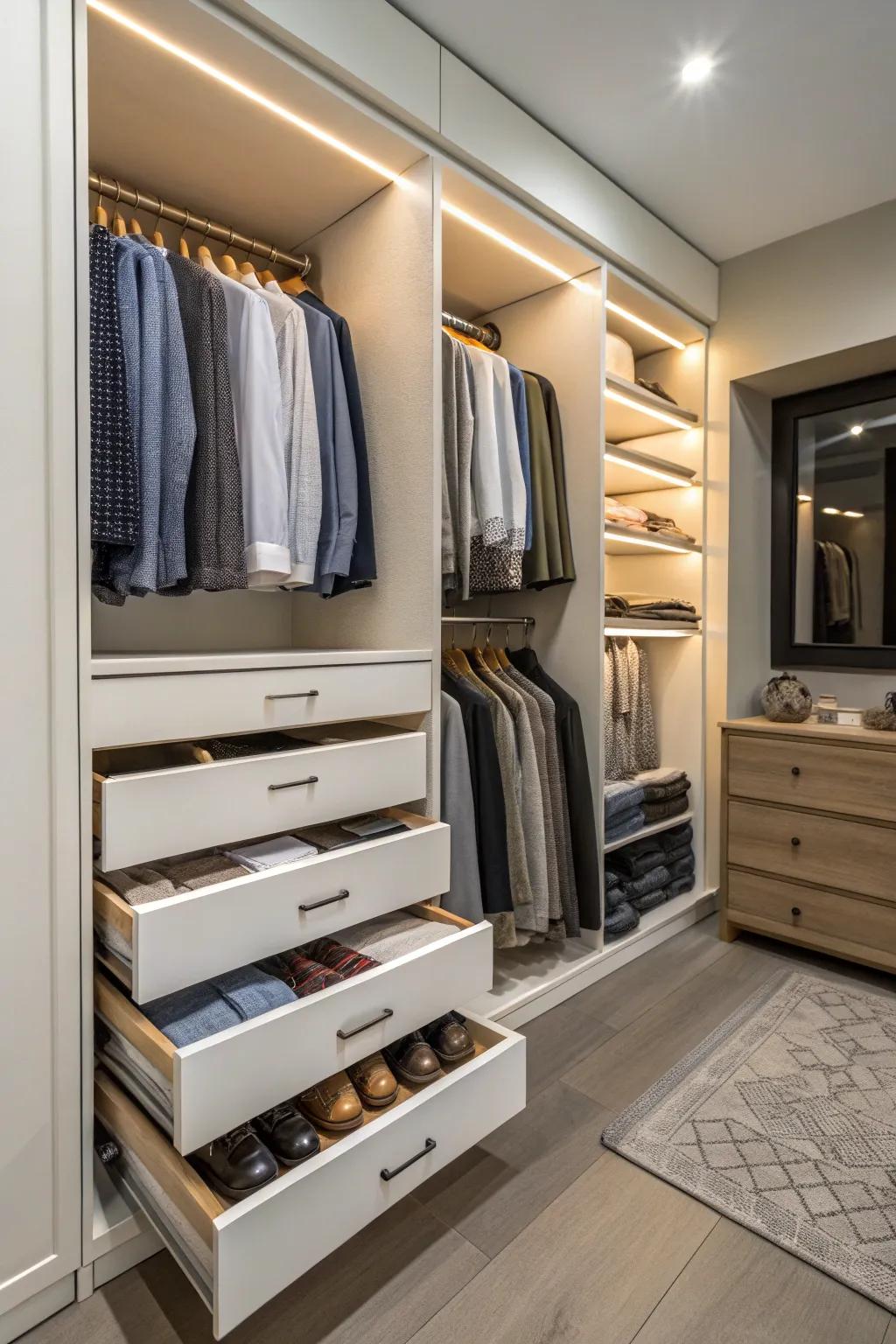 Sliding shelves ensure the contents of deep closets are always within easy reach.
