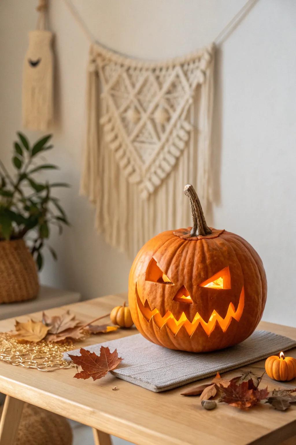 Artistry merges with imagination in this sharp-toothed jack-o'-lantern, ideal for adding a stylishly spooky accent.