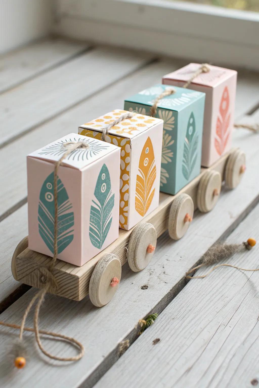 All aboard the creativity express! This drink box train combines playful design with minimalist elegance.
