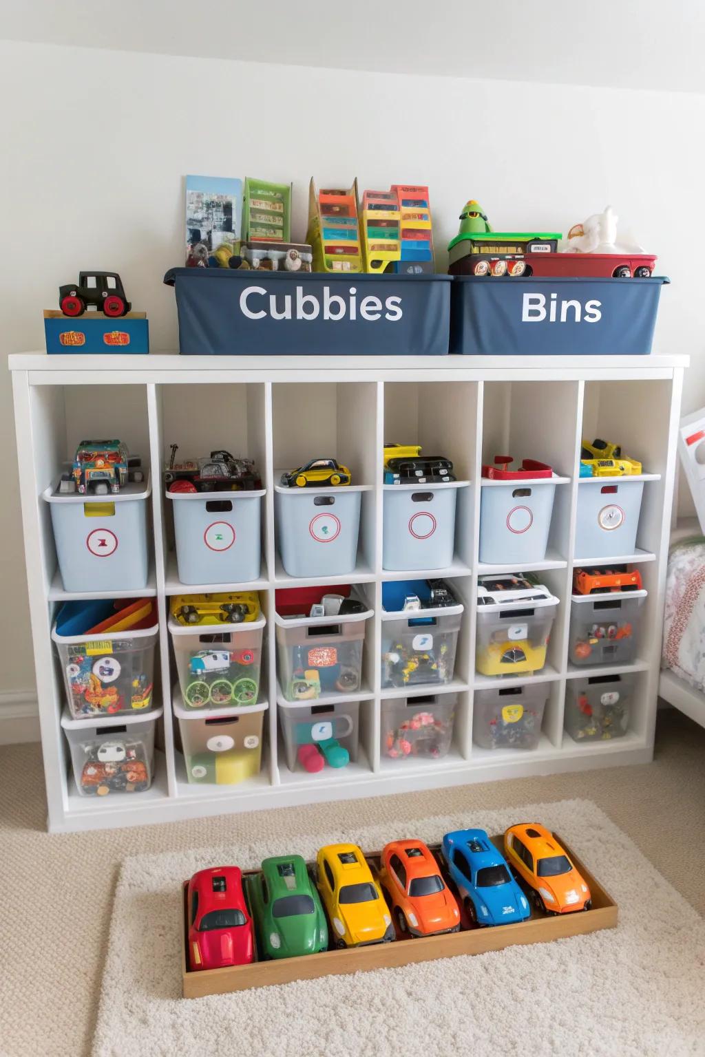 Cubbies and containers streamline toy car arrangement.