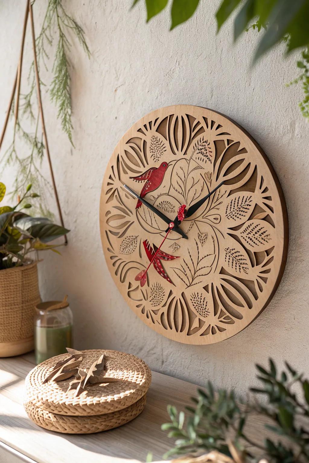 Time takes flight with this stunning laser-etched avian motif clock, a seamless fusion of Scandinavian minimalism and Bohemian allure.