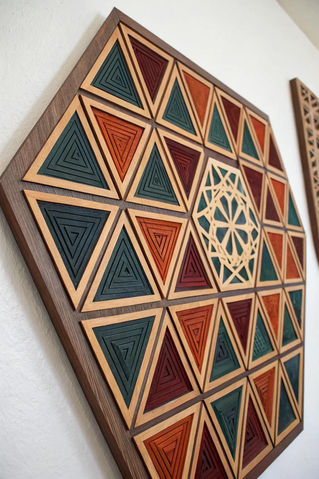 Elevate your expanse with the audacious elegance of geometrical timber art.