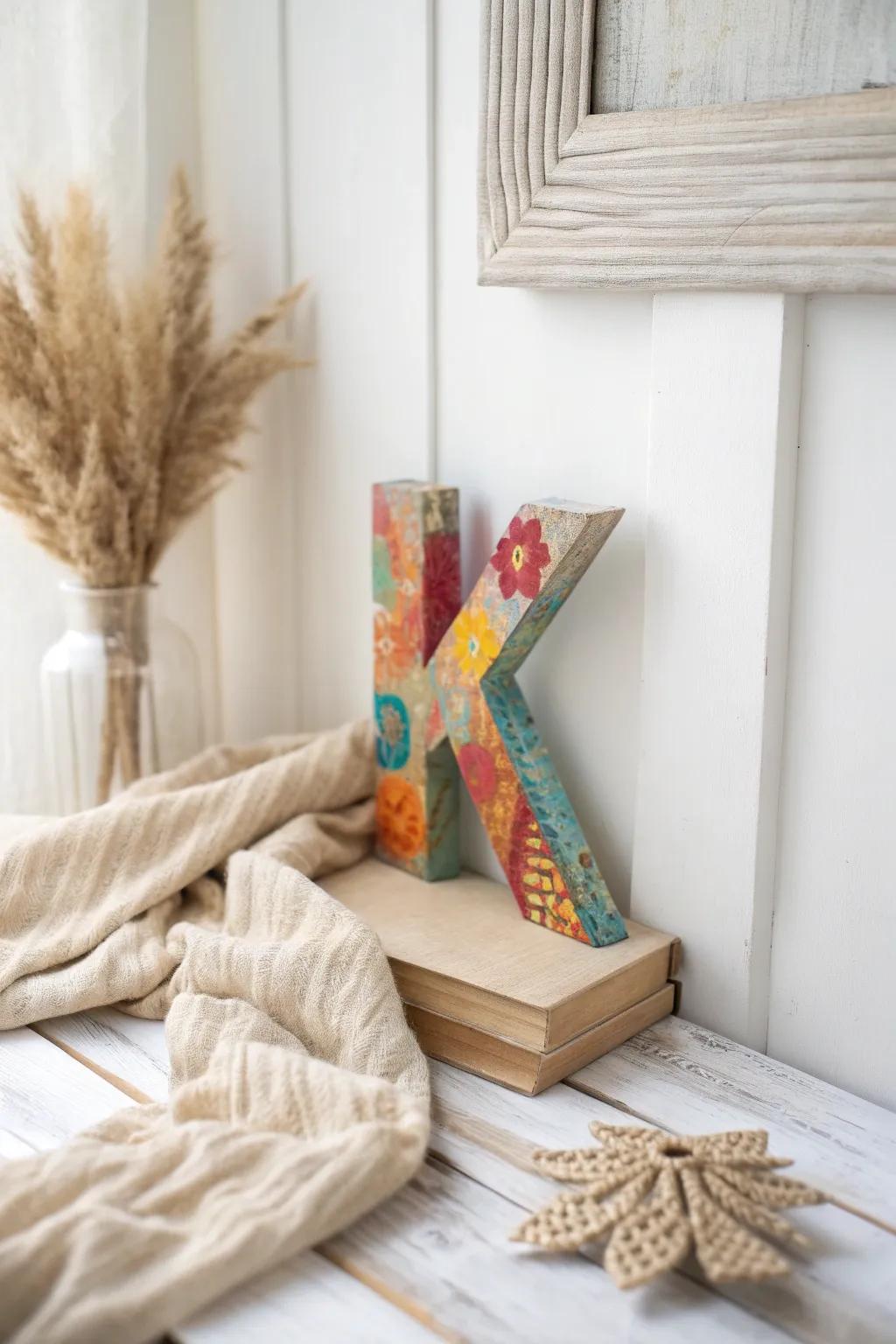 Unlock creativity with this charming key-print 'K' art, blending minimalism with vibrant artistry!